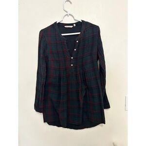Soft Surroundings Plaid Pintuck Tunic Top Green Red Cotton Blouse XS 2AW93